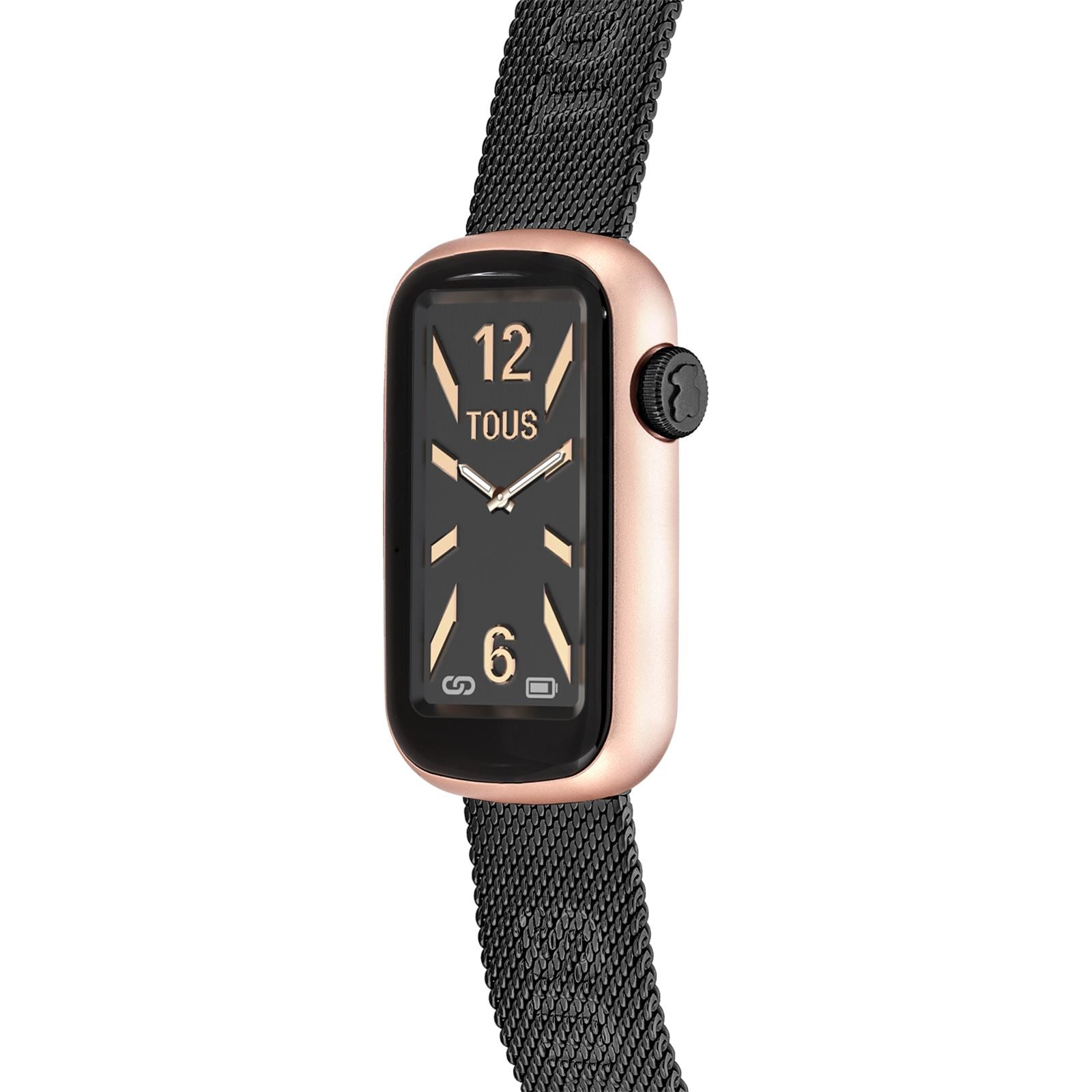 Reloj smartwatch TOUS T-Band Mesh con brazalete de acero inoxidable IP gris y caja de aluminio en color rosado.