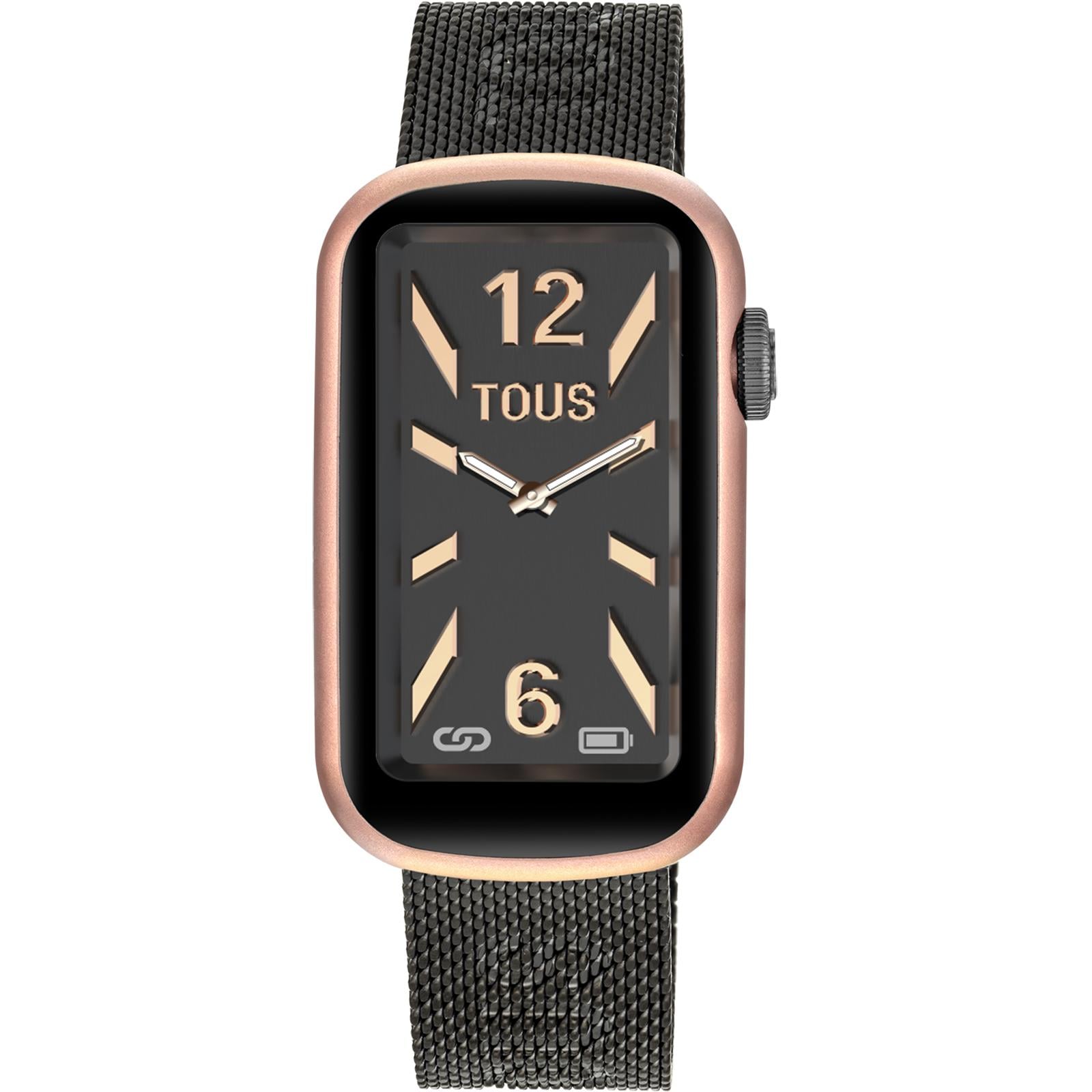 Reloj smartwatch TOUS T-Band Mesh con brazalete de acero inoxidable IP gris y caja de aluminio en color rosado.