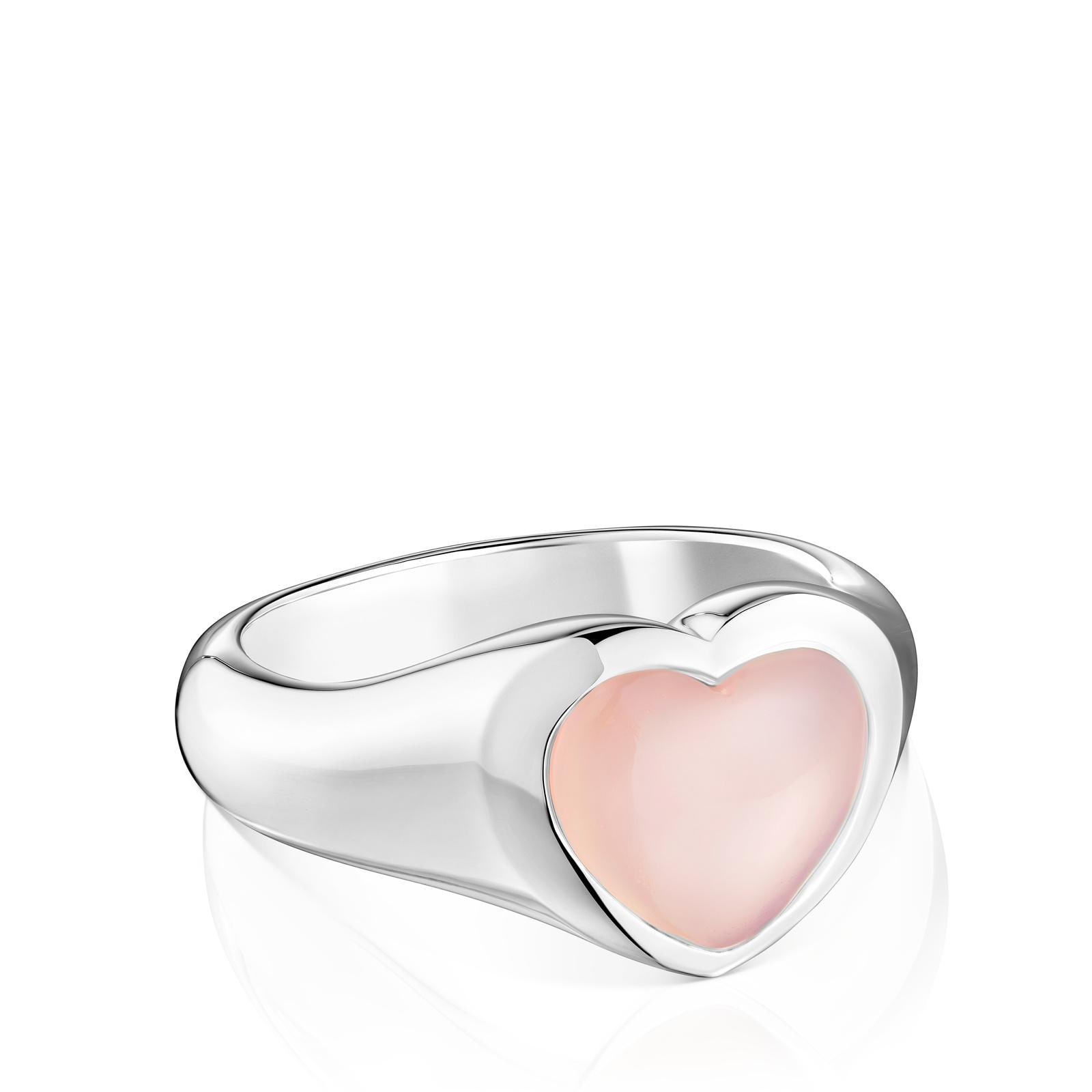 Anillo sello corazón de plata y calcedonia rosa Bold Motif