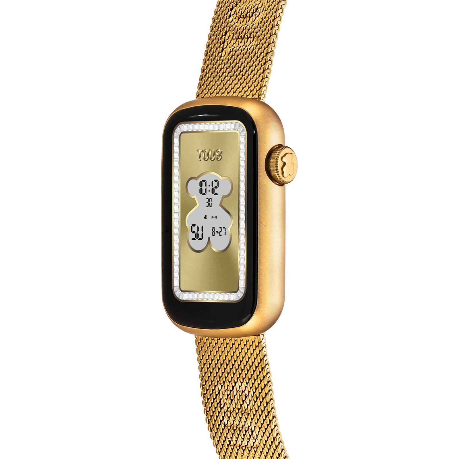 Reloj smartwatch TOUS T-Band Mesh con brazalete de acero inoxidable IPG dorado y caja de aluminio en color dorado.