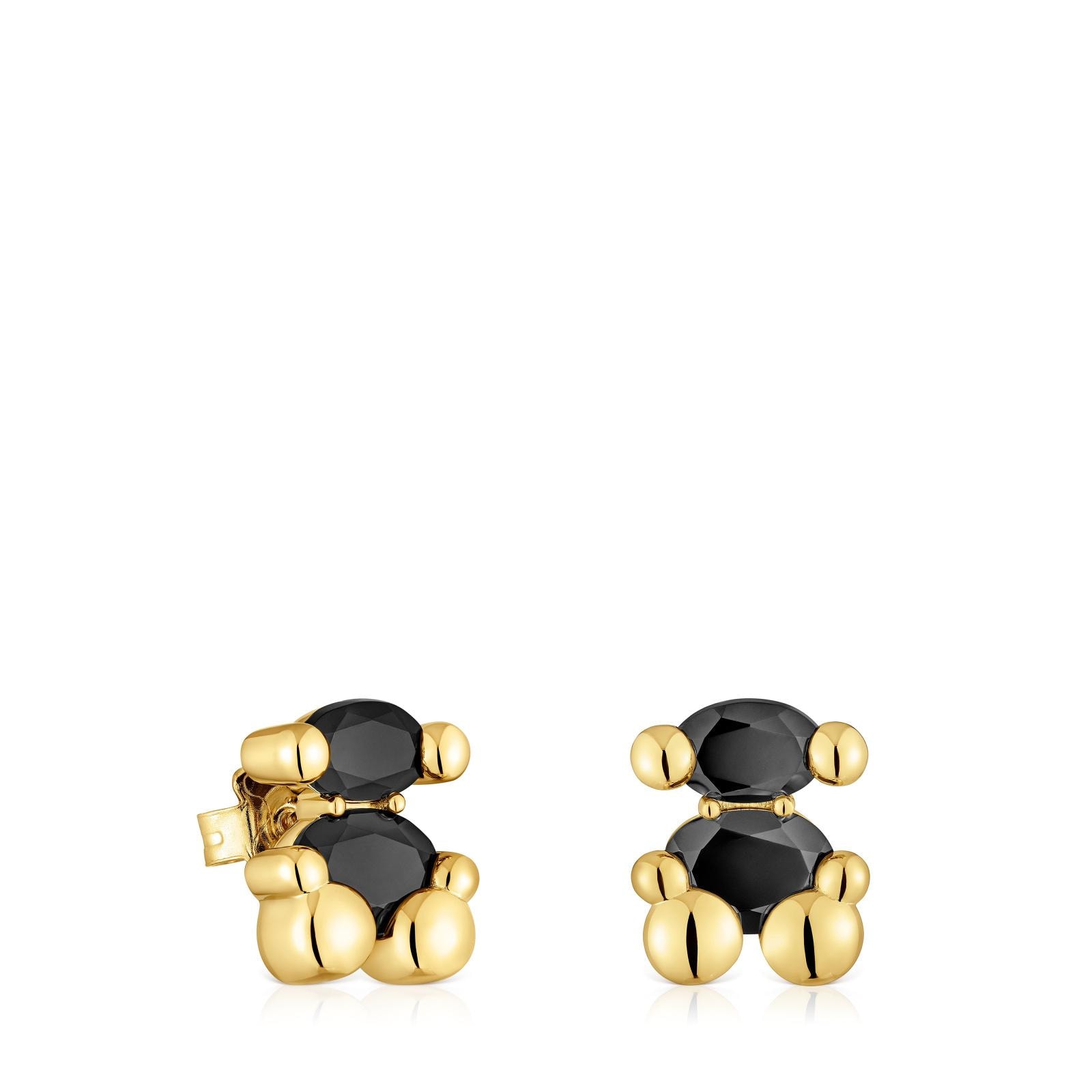 Pendientes motivo oso con baño de oro 18 kt sobre plata y ónix 14 mm Color Bear