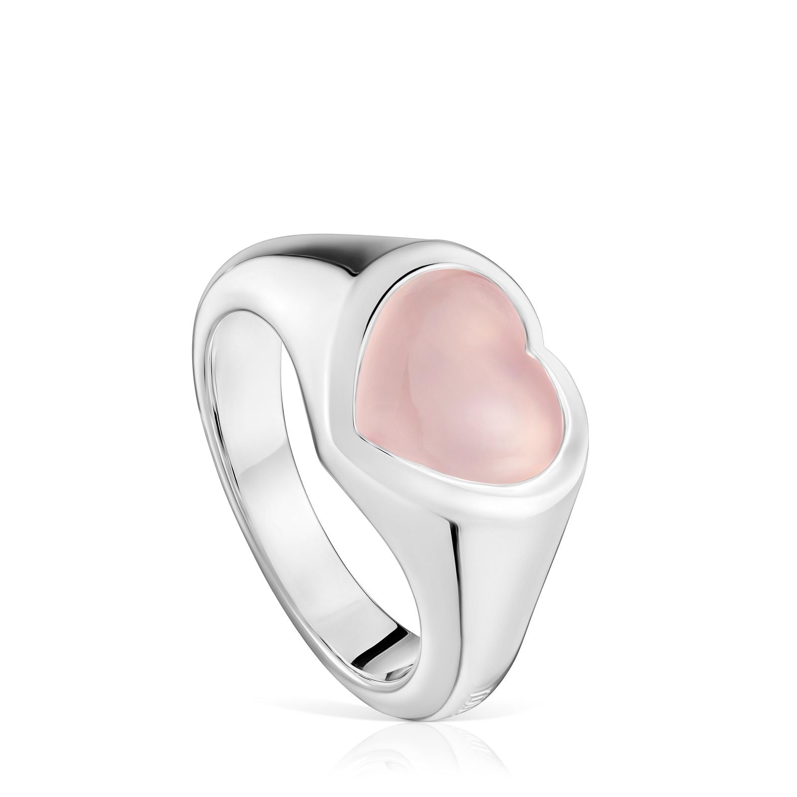 Anillo sello corazón de plata y calcedonia rosa Bold Motif