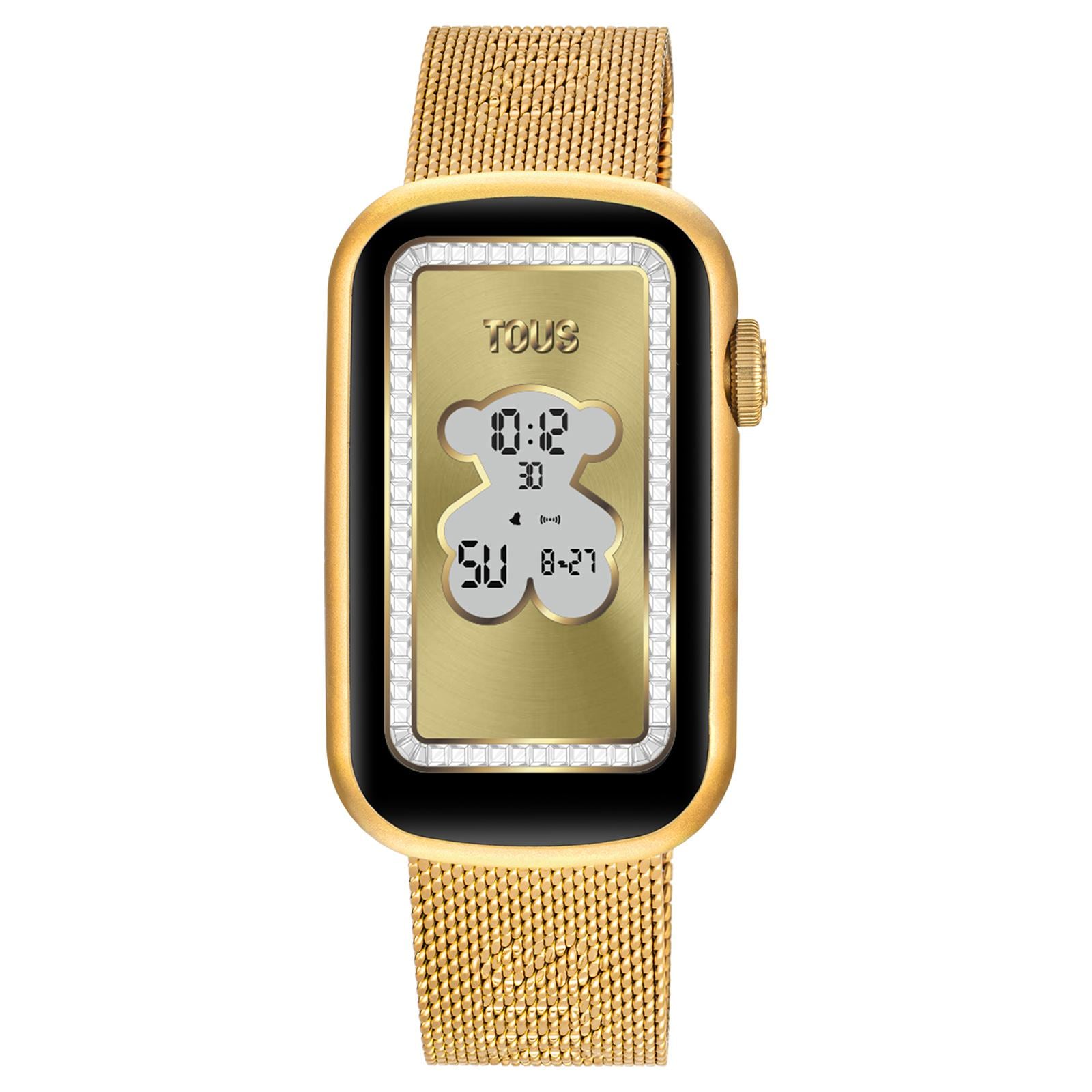 Reloj smartwatch TOUS T-Band Mesh con brazalete de acero inoxidable IPG dorado y caja de aluminio en color dorado.