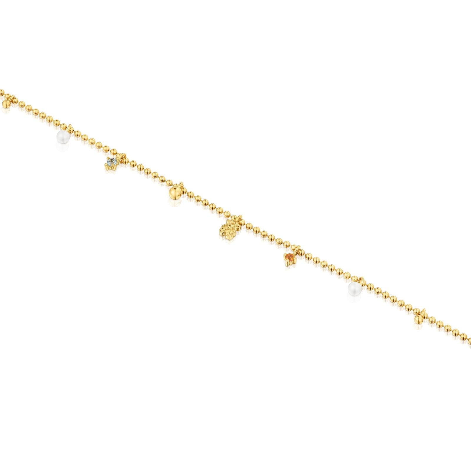 Pulsera cadena con baño de oro de 18 kt sobre plata, perlas cultivadas y gemas TOUS Grain