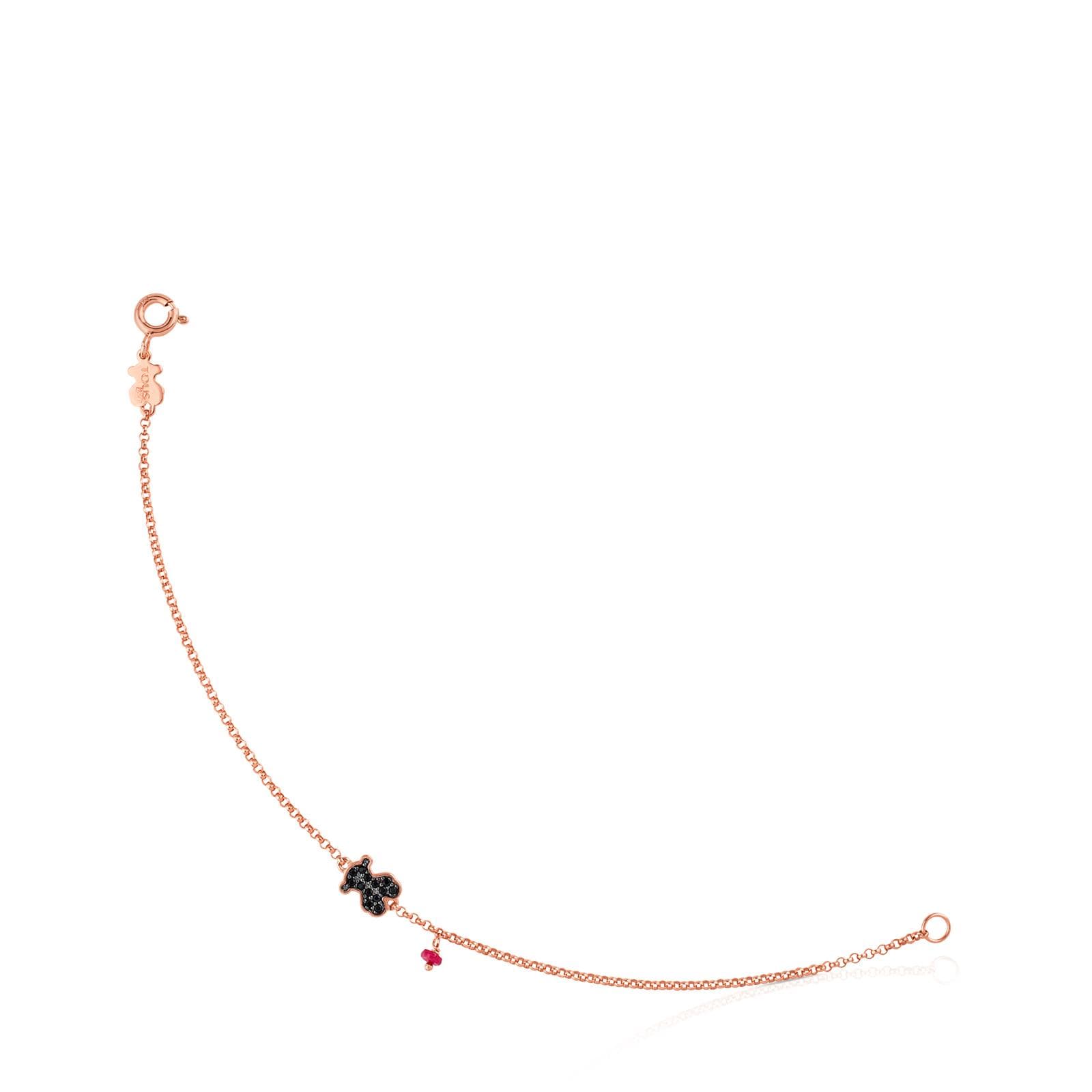 Pulsera con baño de oro rosa 18 kt sobre plata, espinela y rubí tratado motivo oso Motif