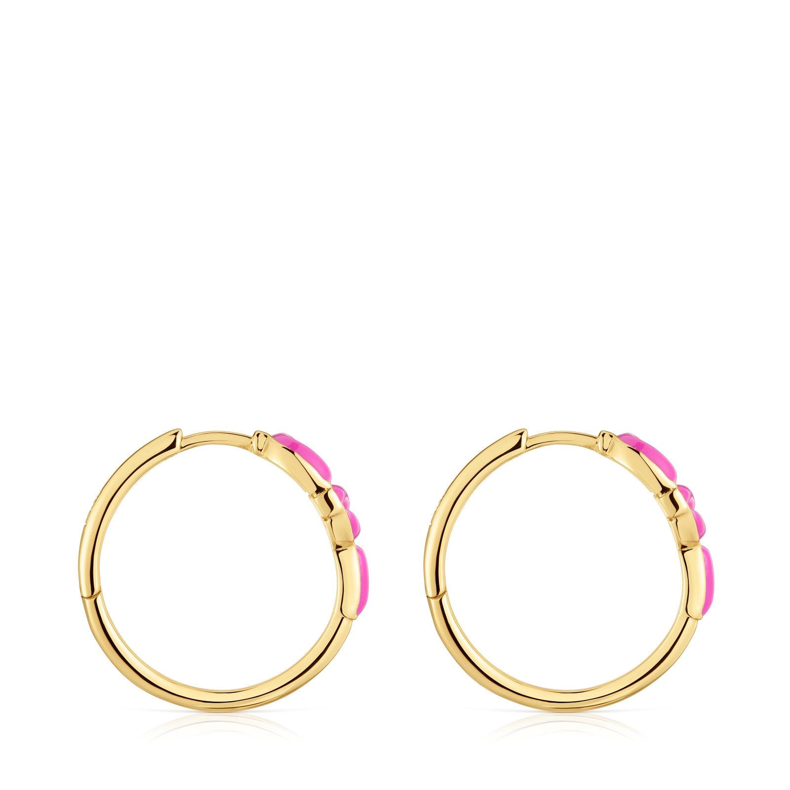 Pendientes de aro cortos con baño de oro 18 kt sobre plata y motivo color fucsia TOUS MANIFESTO