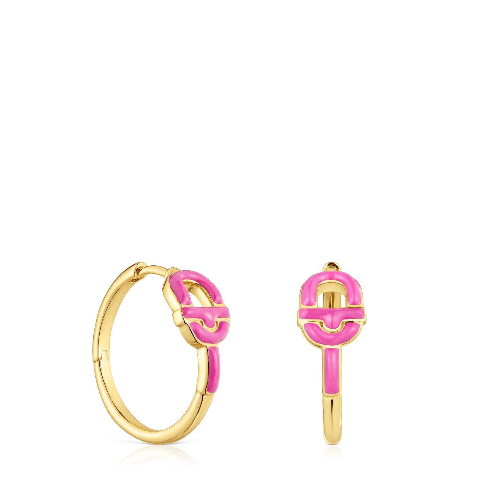 Pendientes de aro cortos con baño de oro 18 kt sobre plata y motivo color fucsia TOUS MANIFESTO