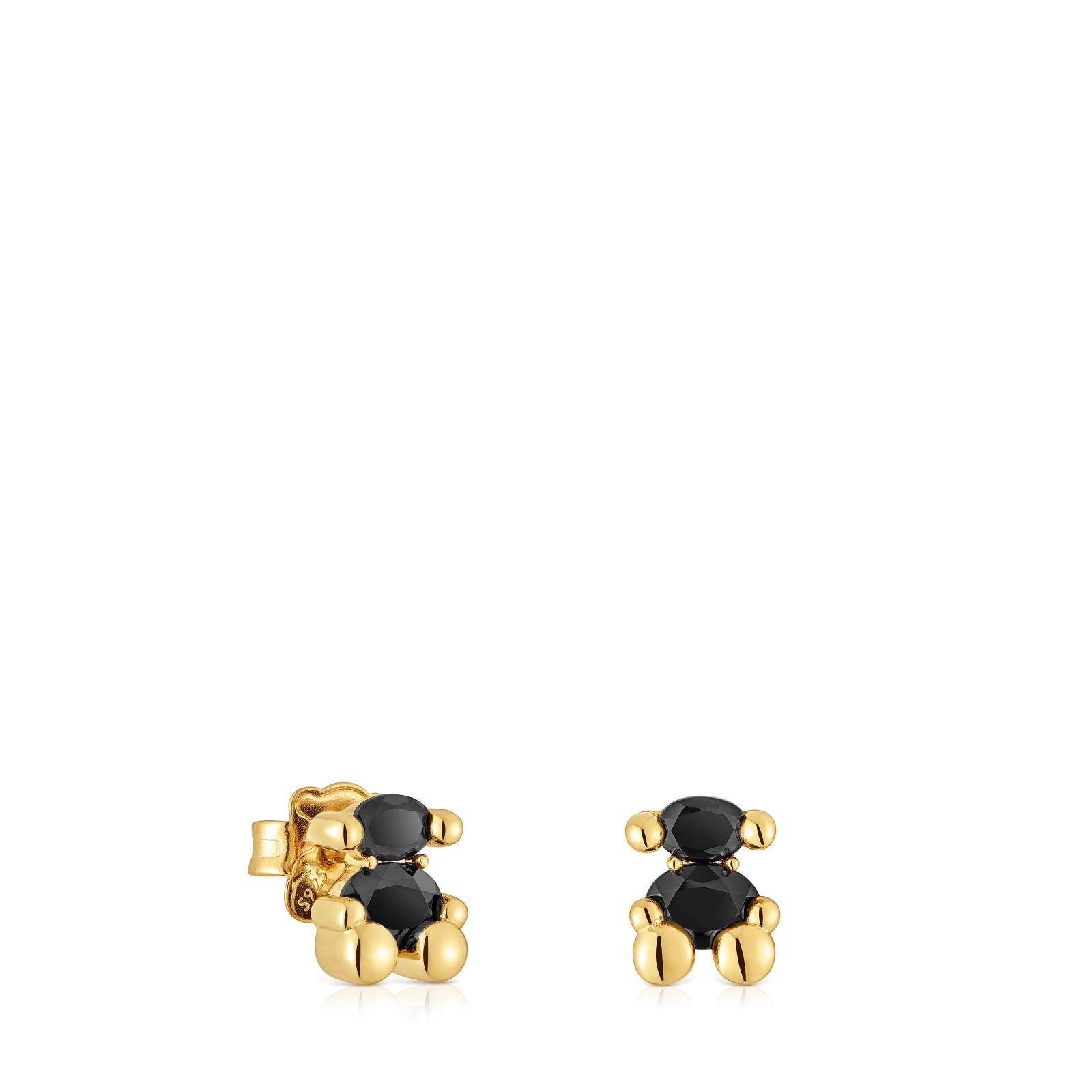 Pendientes motivo oso con baño de oro 18 kt sobre plata y ónix 8 mm Color Bear