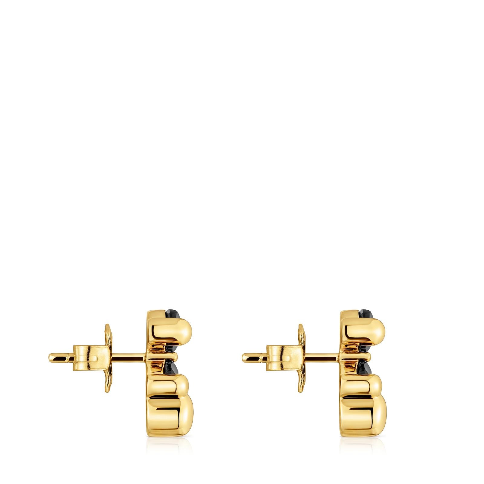 Pendientes motivo oso con baño de oro 18 kt sobre plata y ónix 14 mm Color Bear