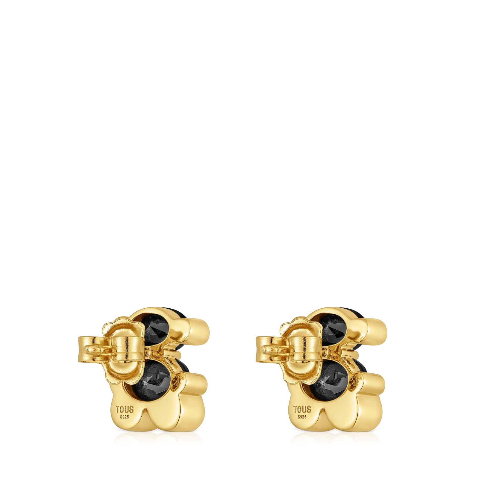 Pendientes motivo oso con baño de oro 18 kt sobre plata y ónix 14 mm Color Bear