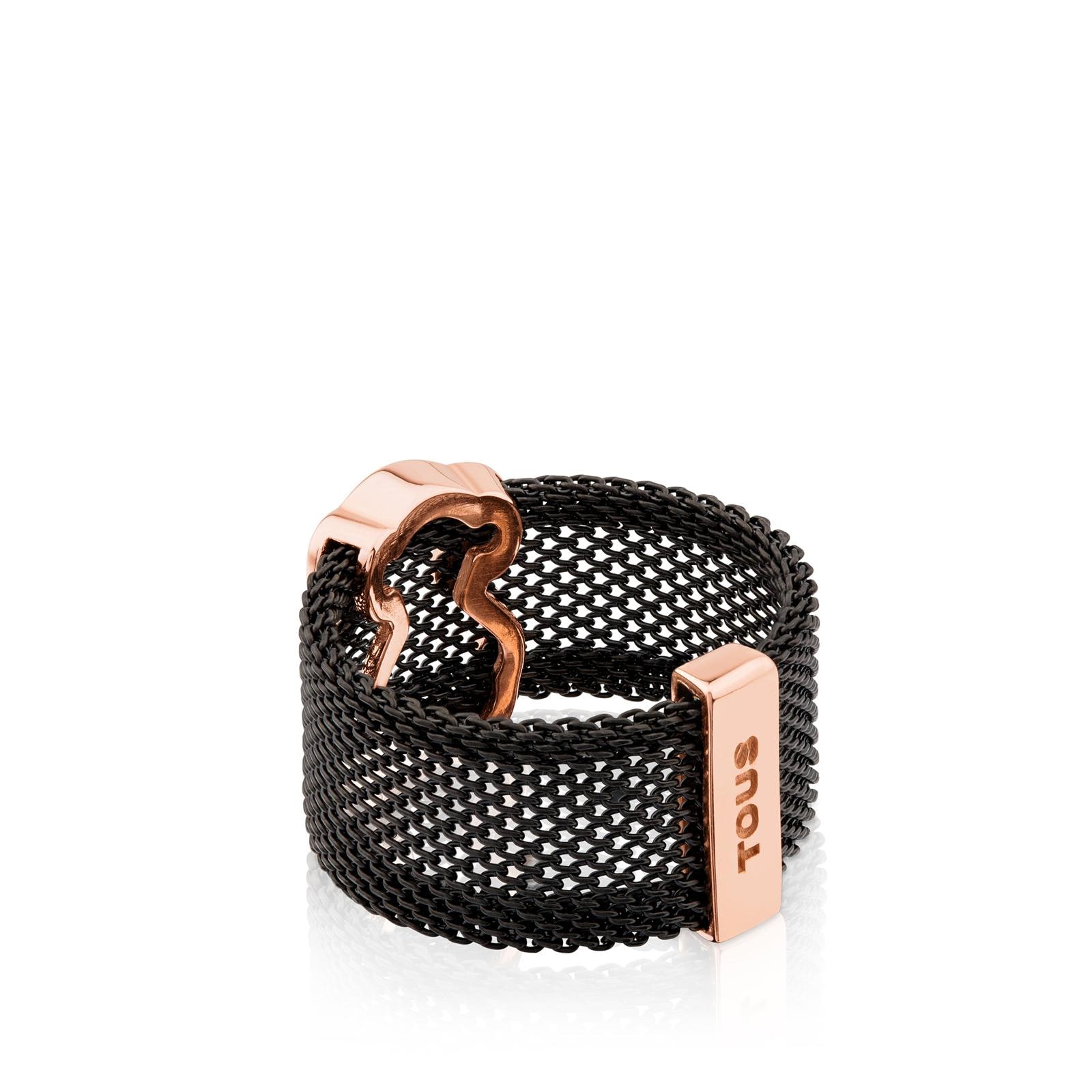 Anillo de acero IP negro y plata vermeil rosa motivo silueta oso Mesh