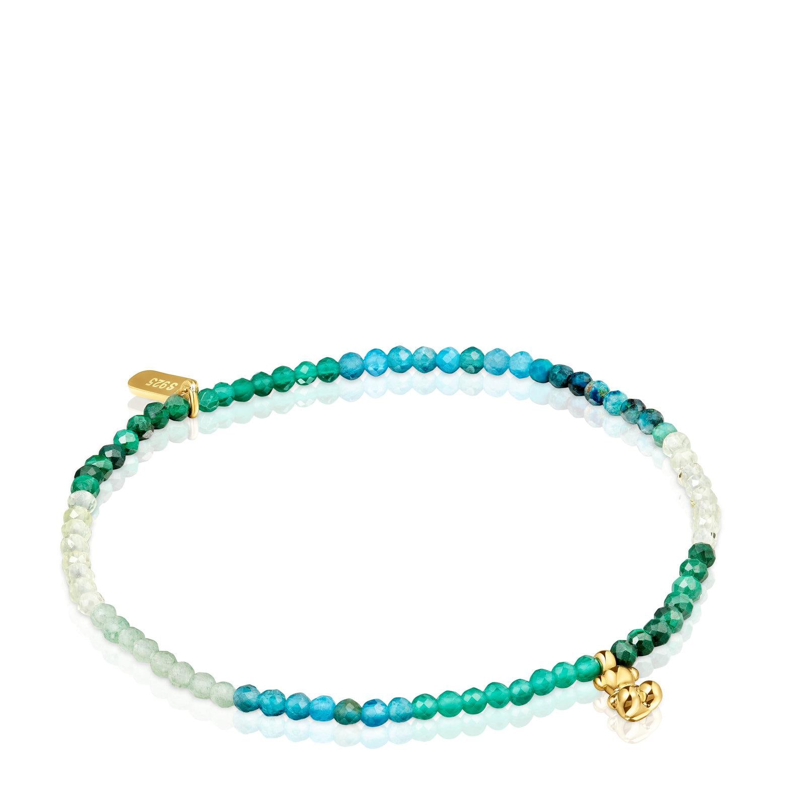 Pulsera elástica con baño de oro 18 kt sobre plata y gemas verdes Bold Bear